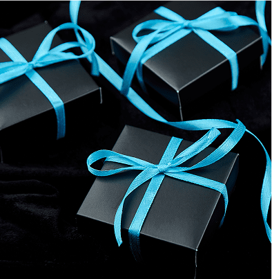 Black gift boxes with blue ribbons.