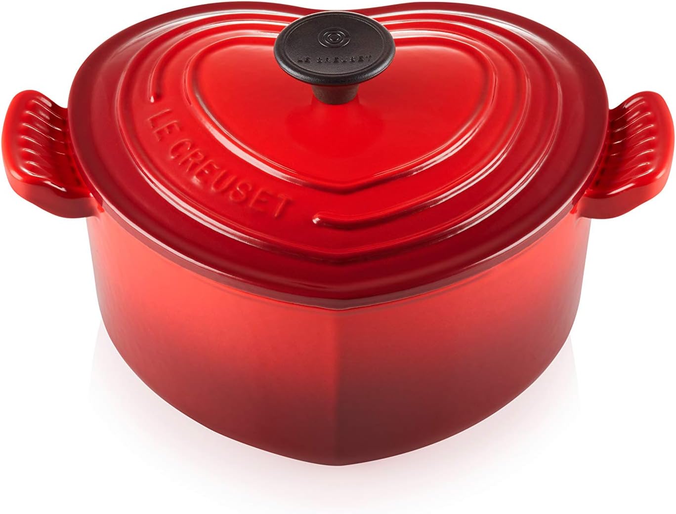 Red heart-shaped Le Creuset casserole dish.