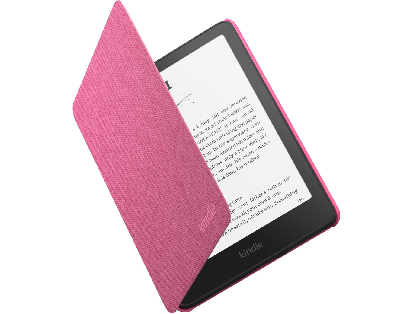 E-reader with pink cover partially open.