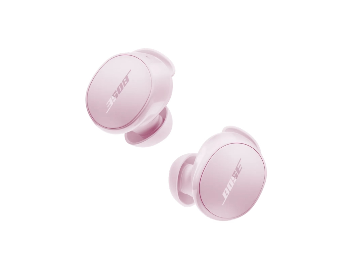 Pink wireless earbuds on white background.