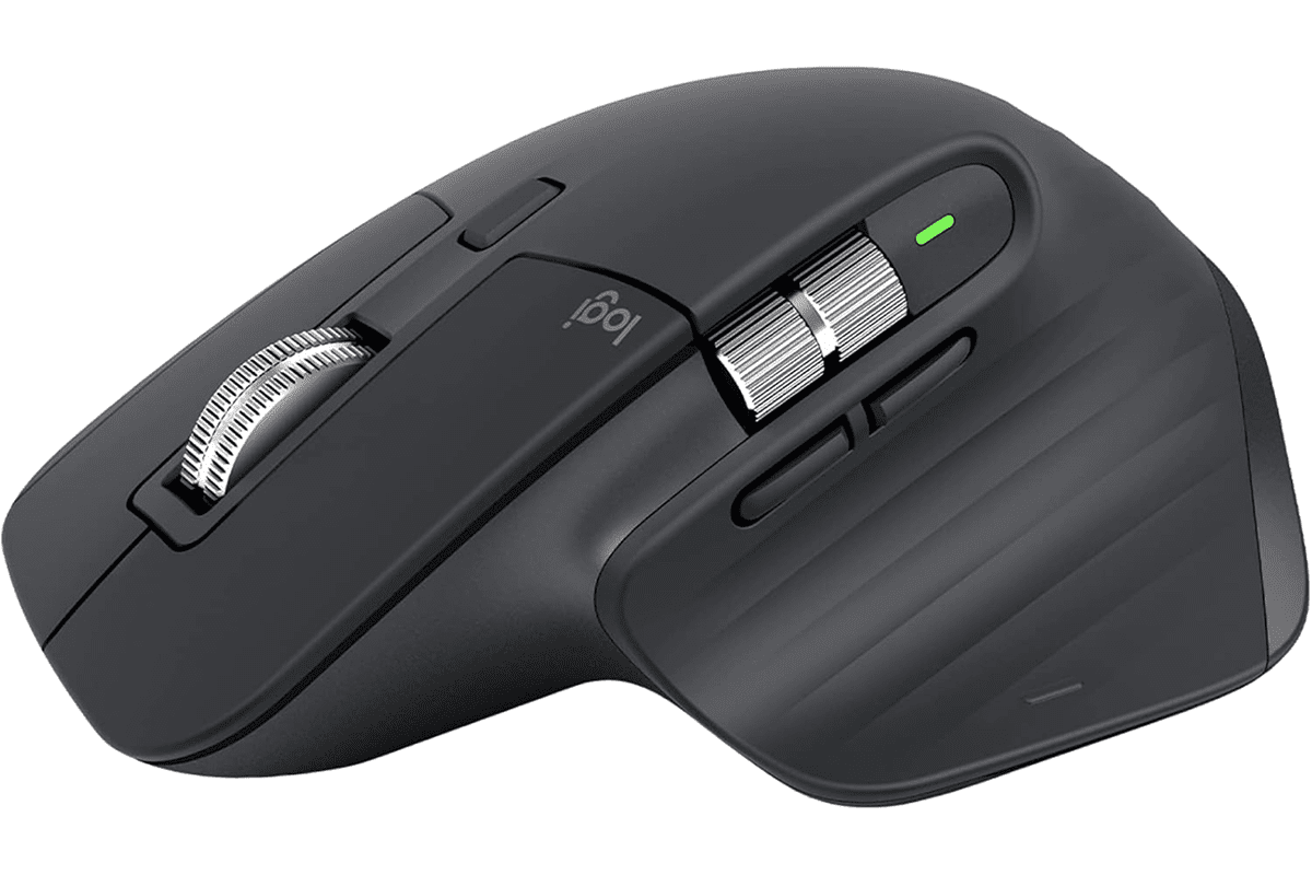 Wireless ergonomic computer mouse with multiple buttons.