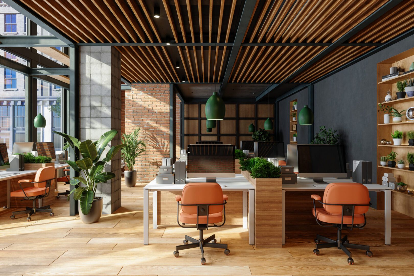 Modern office space with plants and desks.