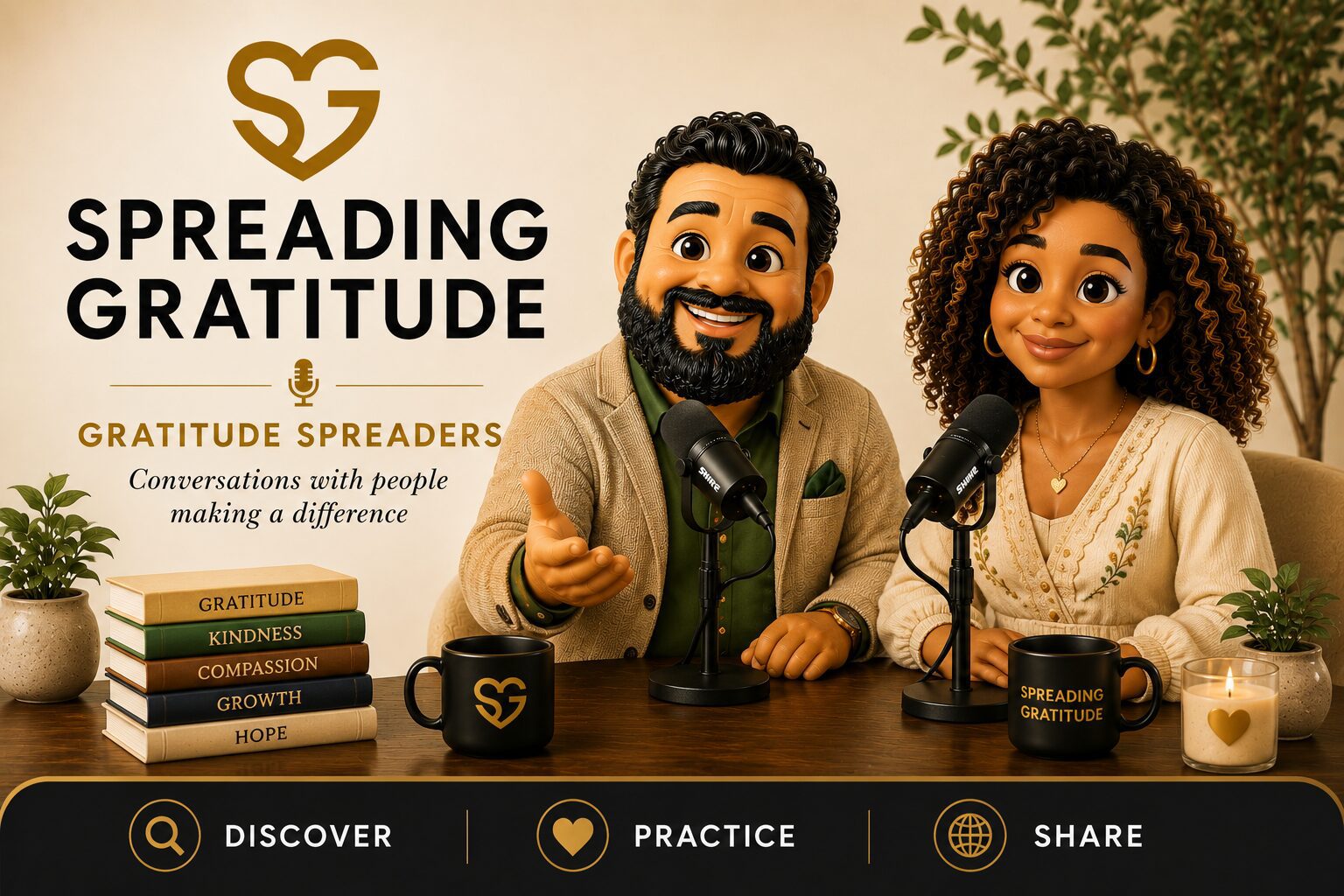 Animated hosts of a gratitude podcast show.
