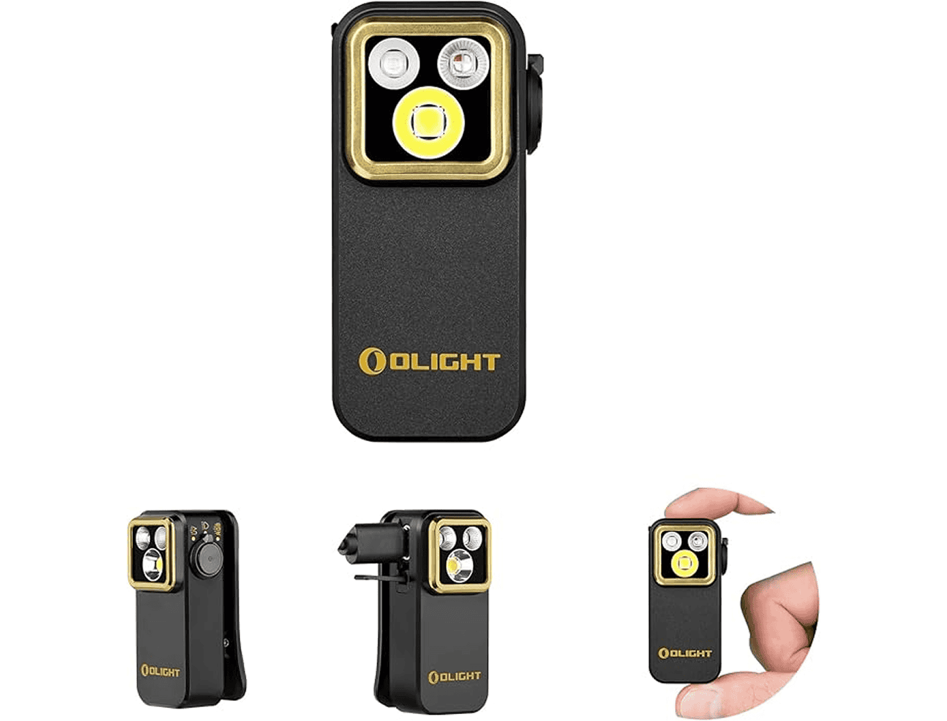 Compact black and gold pocket flashlight.