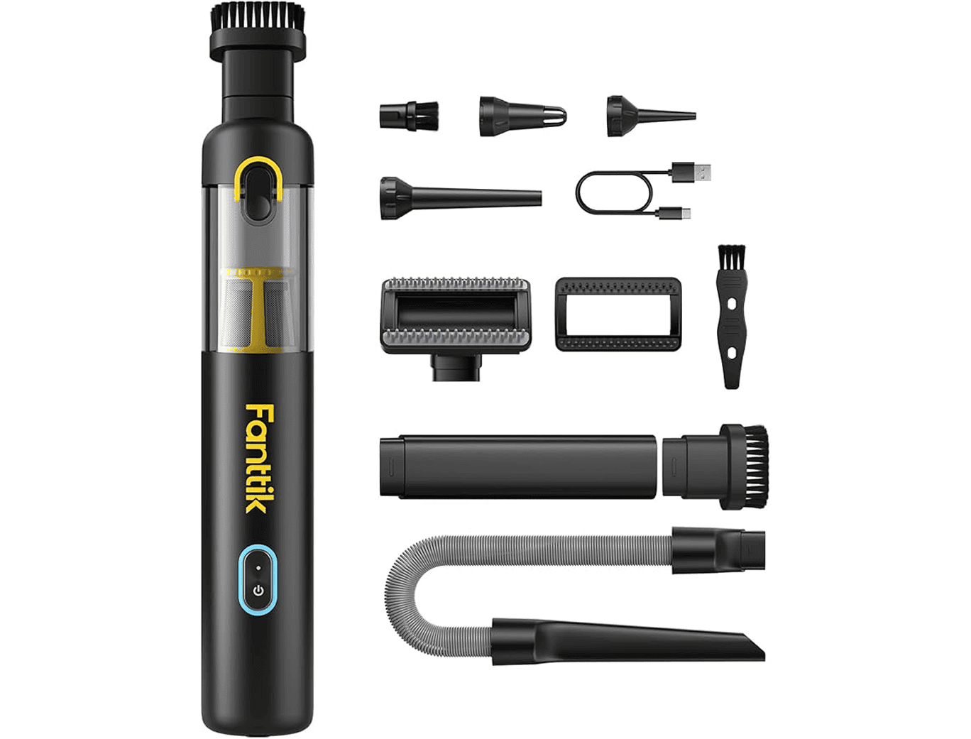 Handheld vacuum cleaner with various attachments.